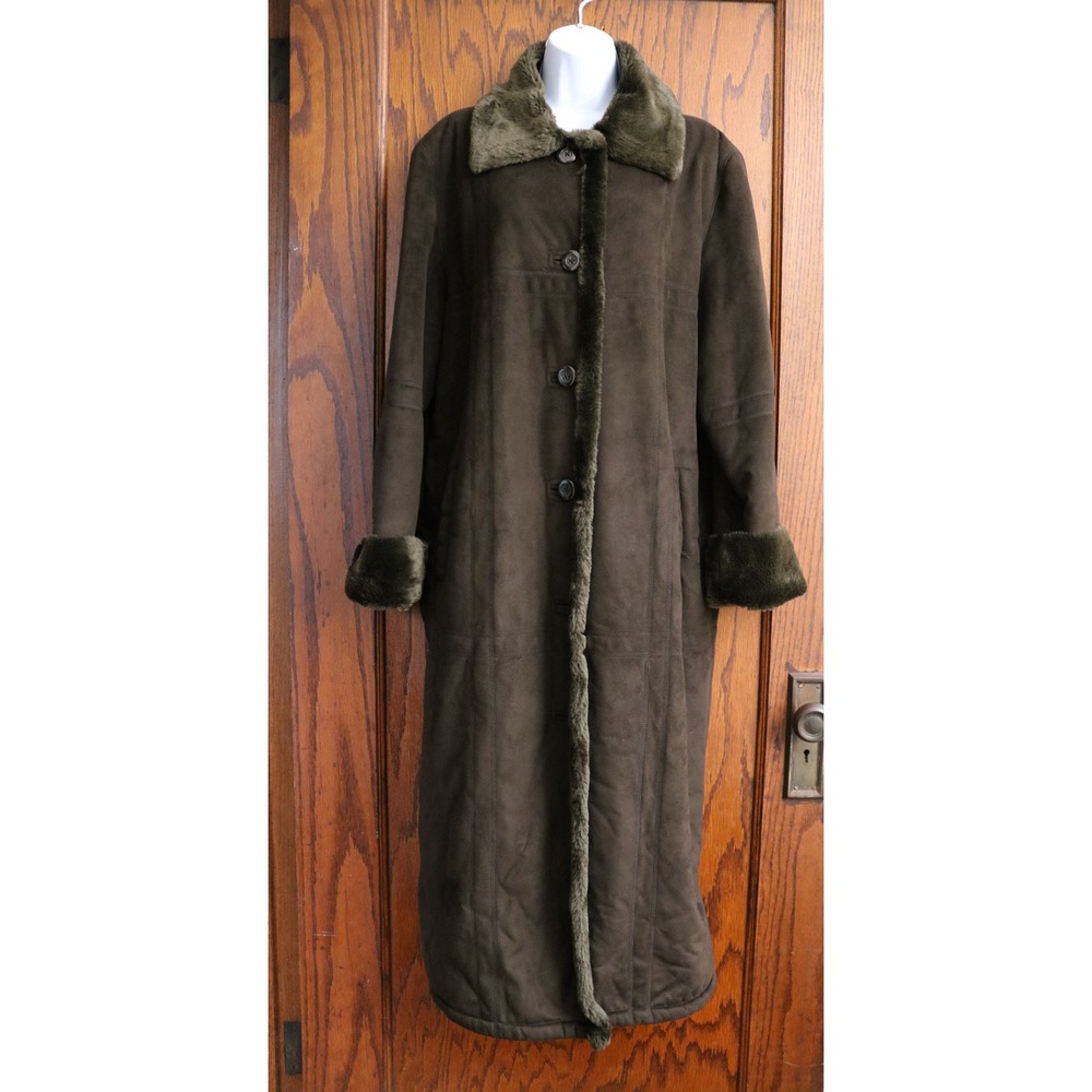 BIG CHILL Faux Suede Fur Trim Longline Maxi Coat Women Large Brown Heavyweight